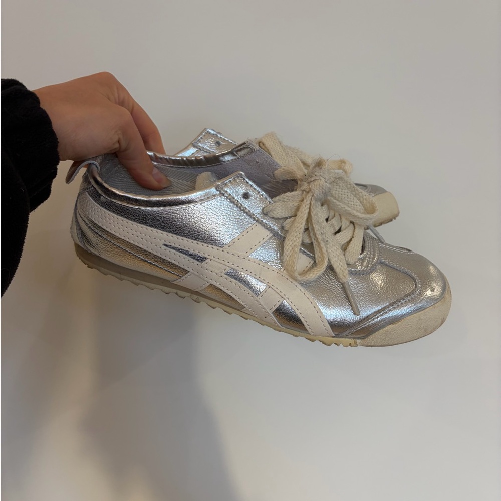 Onitsuka Tiger by Asics Metallic Silver and White Mexico-Style Sneakers